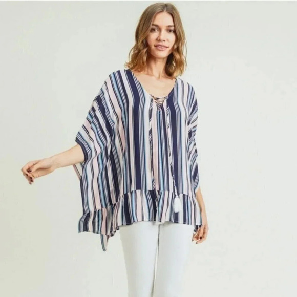 NEW Striped Ruffle Lace Up V-Neck Blouse - Picture 1 of 3